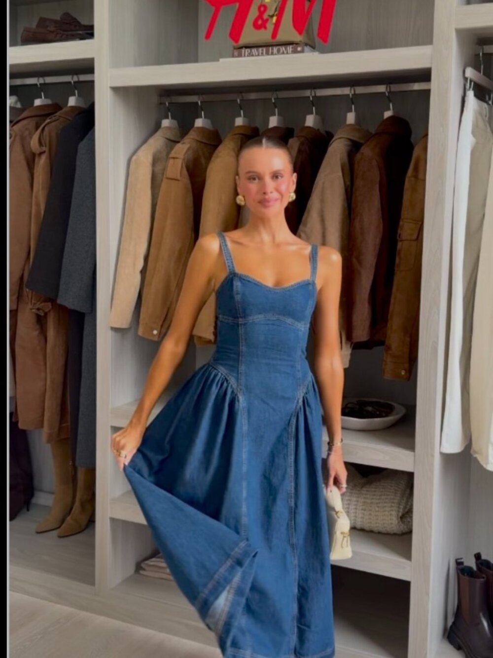 H&M Dark Blue Denim Maxi Dress with Sweetheart Bodice